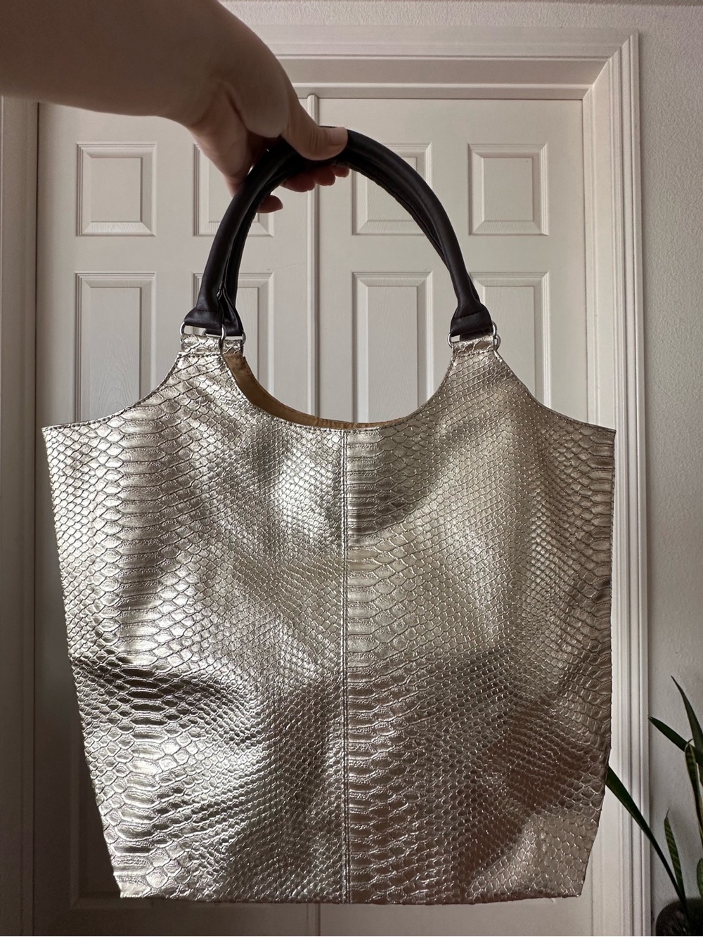 Neiman Marcus Gold Metallic Silver Python Embossed Tote Bag